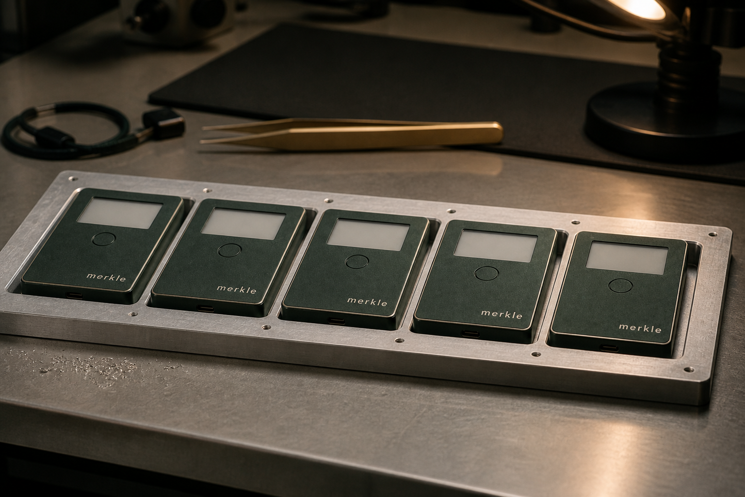 Five Merkle devices in a precision aluminium assembly jig