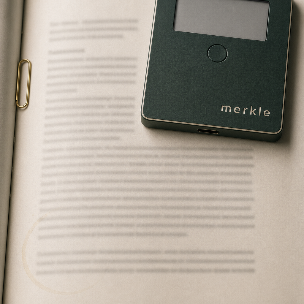 Corner of a Merkle device resting on an open audit report