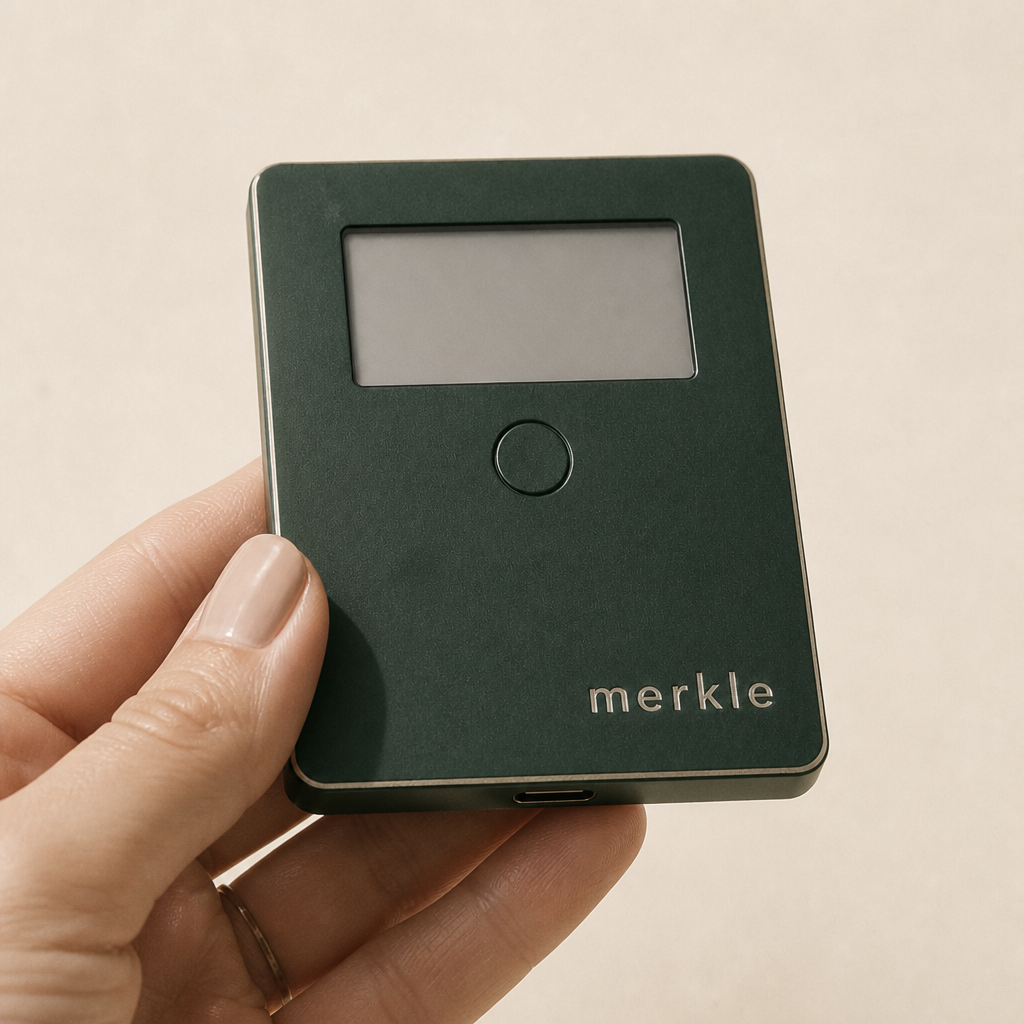 Merkle hardware wallet held upright against a cream field