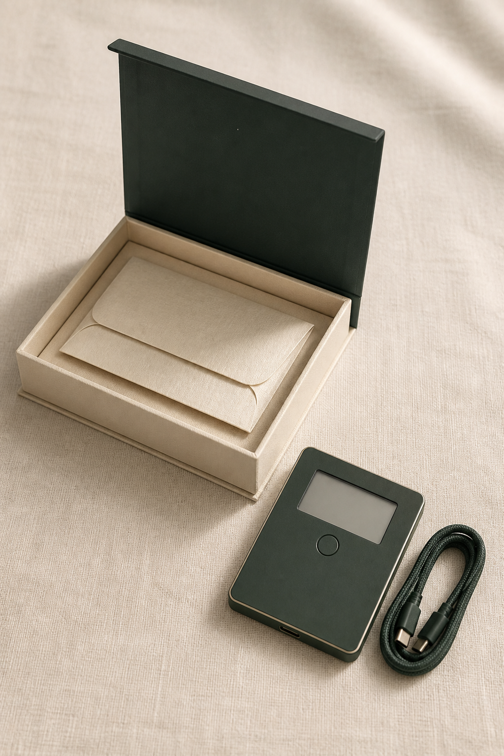 Merkle device beside its open cream linen box and braided USB-C cable