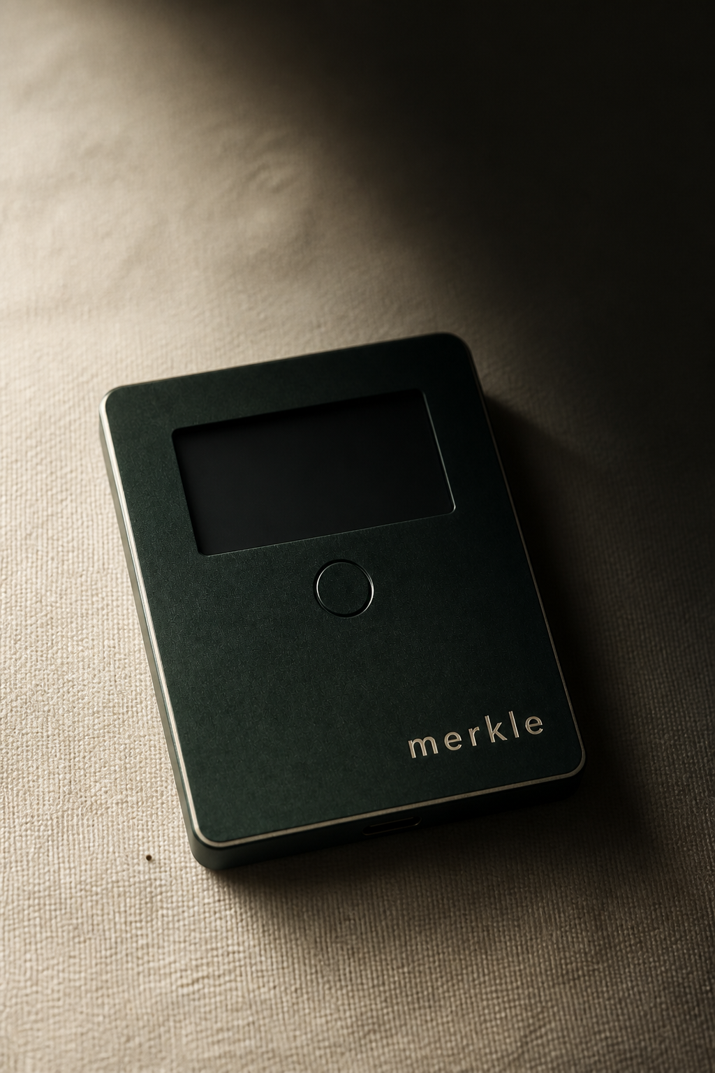 Merkle device on cream linen in hard raking light, half in shadow
