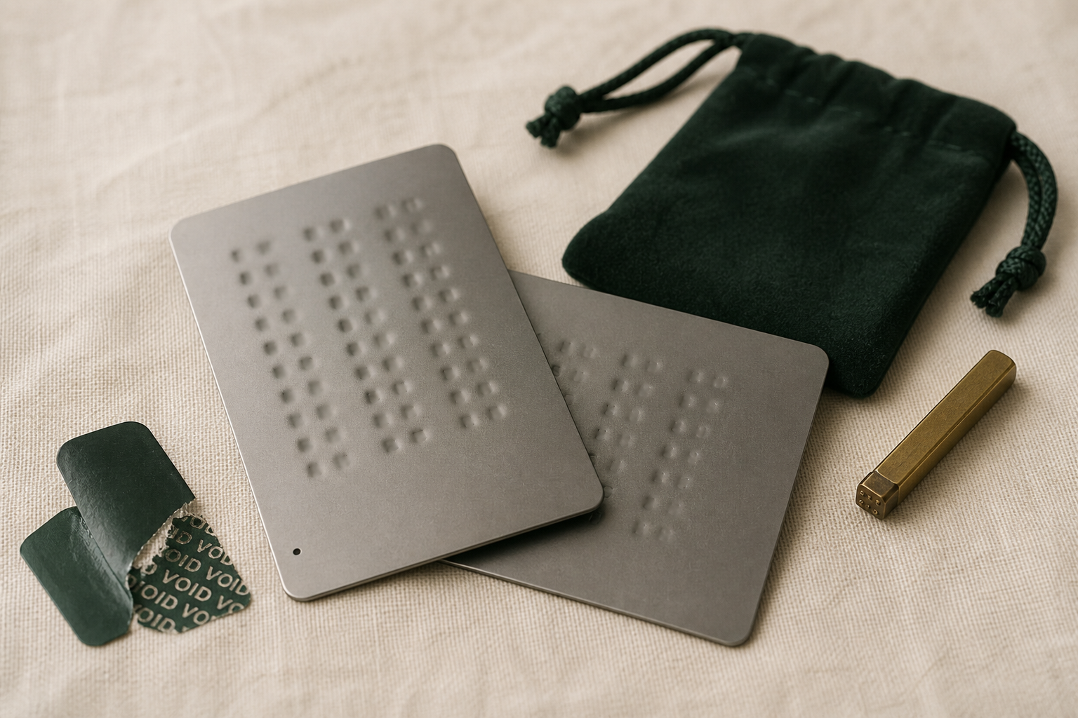 Two stamped steel recovery plates with a forest-green pouch and a torn VOID seal